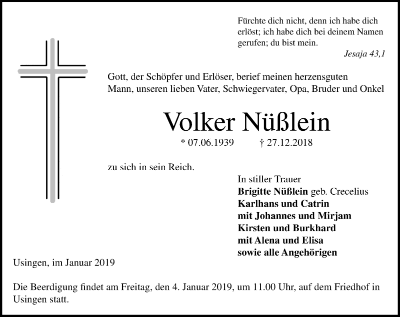  Traueranzeige für Volker Nüßlein vom 02.01.2019 aus 564 Usinger Anzeiger