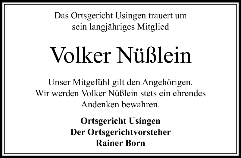  Traueranzeige für Volker Nüßlein vom 03.01.2019 aus 564 Usinger Anzeiger