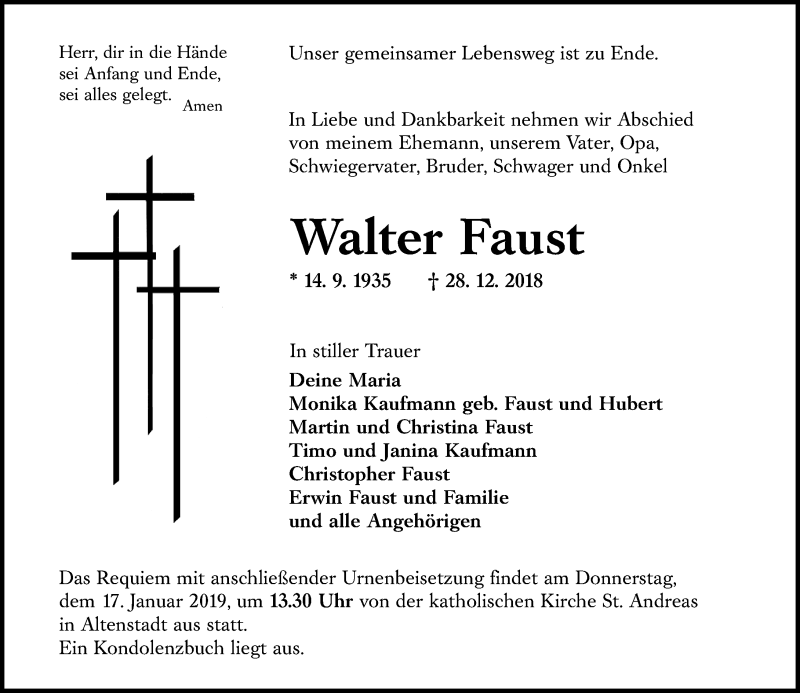  Traueranzeige für Walter Faust vom 12.01.2019 aus 561 Kreisanzeiger