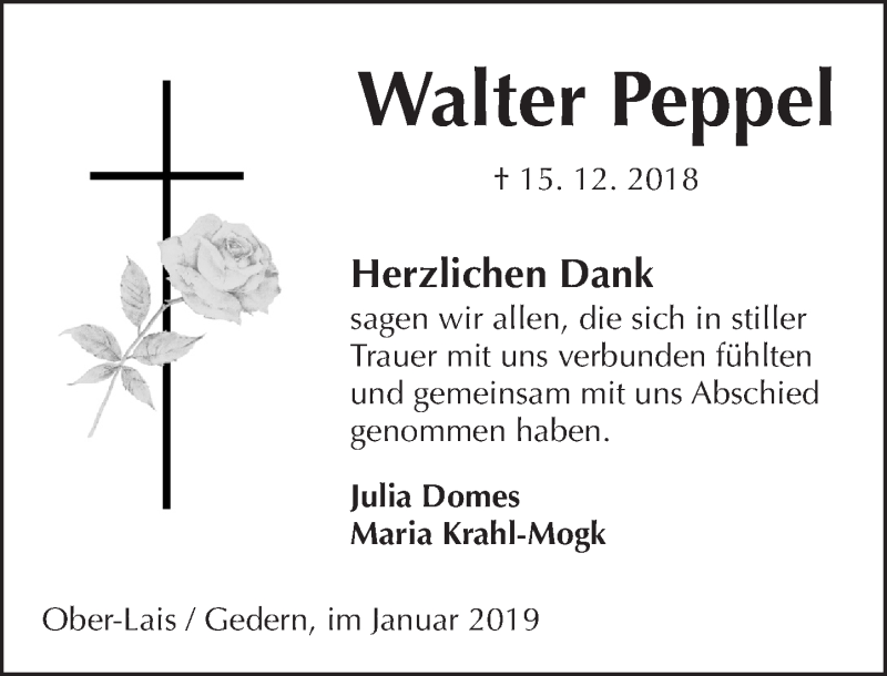  Traueranzeige für Walter Peppel vom 12.01.2019 aus 561 Kreisanzeiger