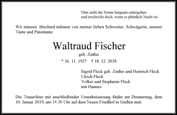 Traueranzeige von Waltraud Fischer von 560 Gießener Anzeiger