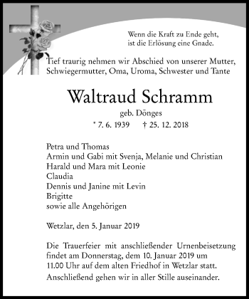 Traueranzeige von Waltraud Schramm von 201 WNZ - Wetzlarer Neue Zeitung (110)