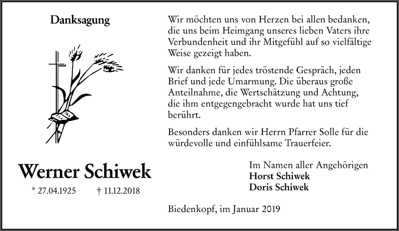 Traueranzeige für Werner Schiwek vom 08.01.2019 aus 205 HA - Hinterländer Anzeiger (130)