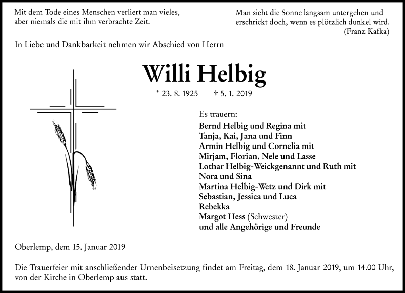  Traueranzeige für Willi Helbig vom 15.01.2019 aus 201 WNZ - Wetzlarer Neue Zeitung (110)