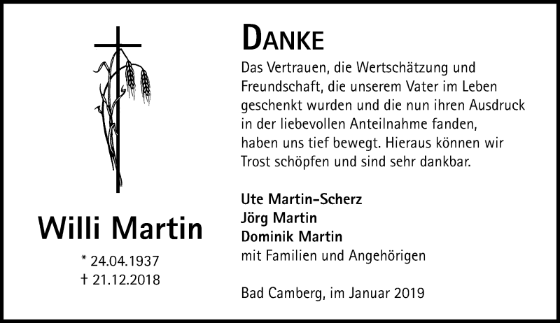  Traueranzeige für Willi Martin vom 17.01.2019 aus 582 Camberger Anzeiger
