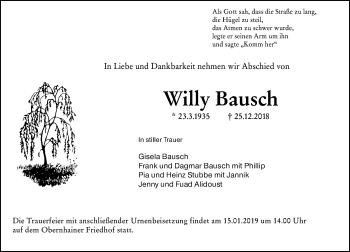 Traueranzeige von Willy Bausch von 564 Usinger Anzeiger