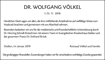 Traueranzeige von Wolfgang Völkel von 560 Gießener Anzeiger