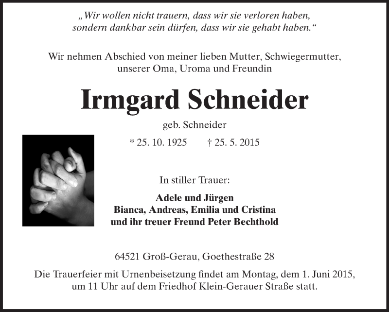  Traueranzeige für Irmgard Schneider vom 29.05.2015 aus Rüsselsheimer Echo, Groß-Gerauer-Echo, Ried Echo