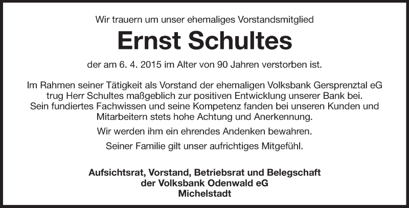  Traueranzeige für Ernst Schultes vom 09.04.2015 aus Echo-Zeitungen (Gesamtausgabe)