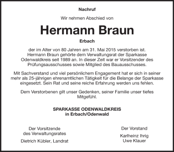 Traueranzeige von Hermann Braun von Odenwälder Echo