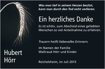 Traueranzeige von Hubert Hörr von Echo-Zeitungen (Gesamtausgabe)