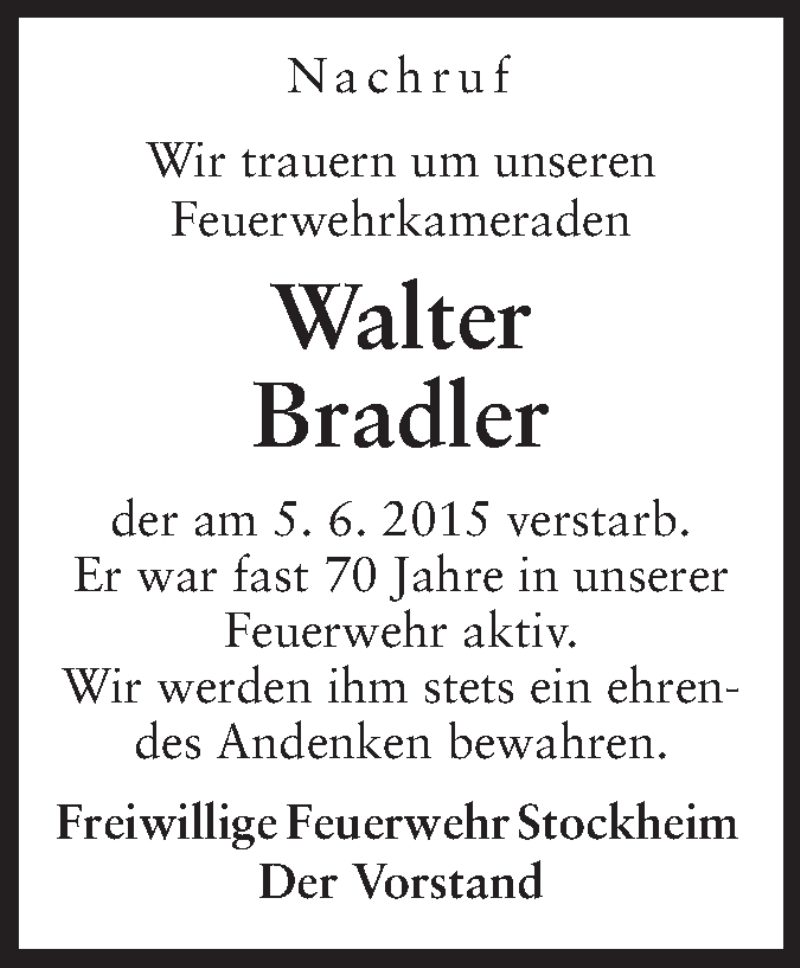  Traueranzeige für Walter Bradler vom 17.06.2015 aus Odenwälder Echo