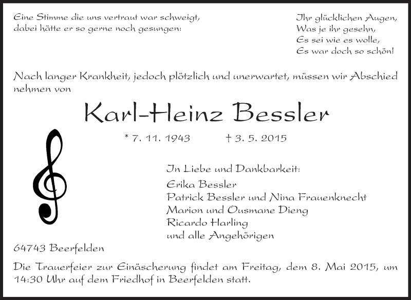  Traueranzeige für Karl-Heinz Bessler vom 06.05.2015 aus Odenwälder Echo