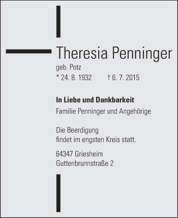 Traueranzeige von Theresia Penninger von Darmstädter Echo, Odenwälder Echo, Rüsselsheimer Echo, Groß-Gerauer-Echo, Ried Echo