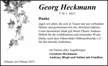 Traueranzeige von Georg Heckmann von Odenwälder Echo