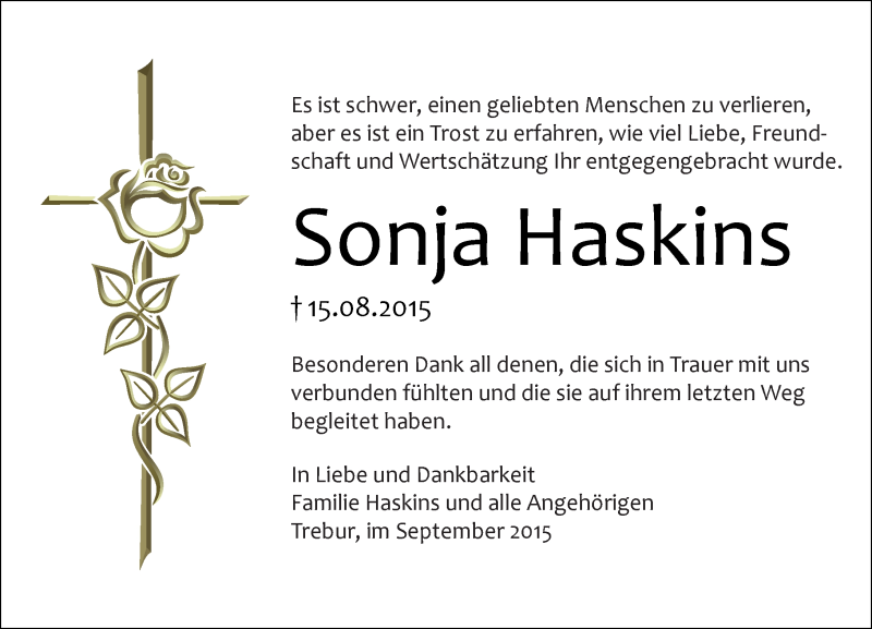  Traueranzeige für Sonja Haskins vom 19.09.2015 aus trauer.echo-online.de