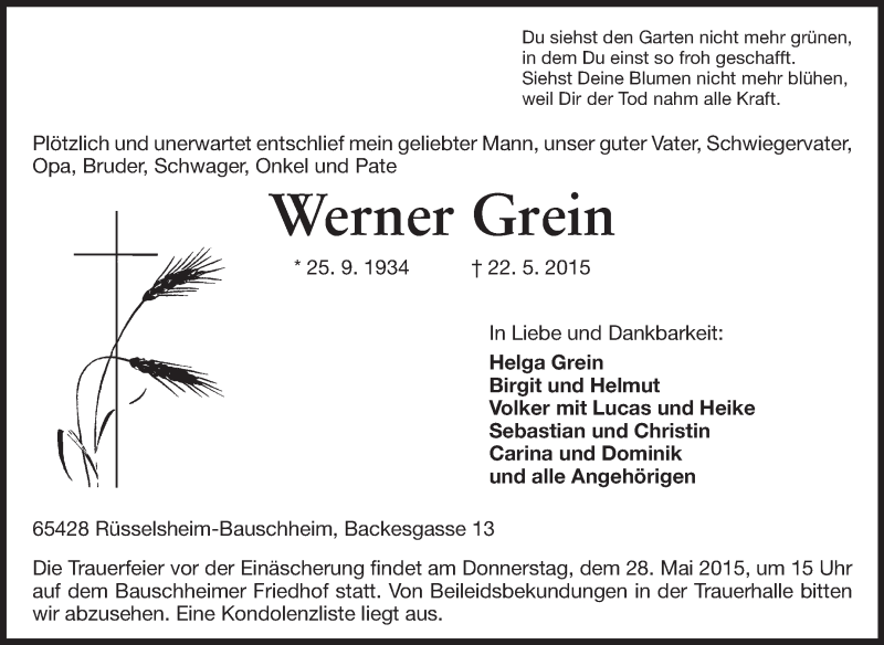  Traueranzeige für Werner Grein vom 26.05.2015 aus Rüsselsheimer Echo, Groß-Gerauer-Echo, Ried Echo