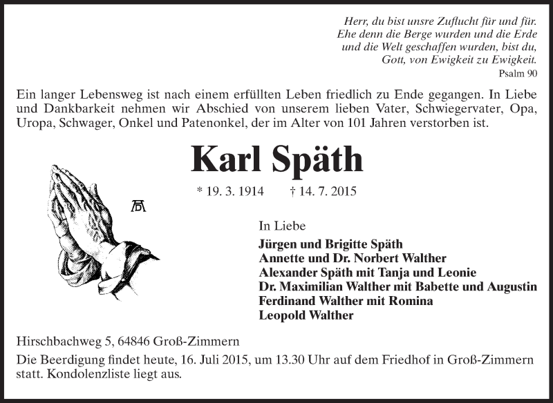  Traueranzeige für Karl Späth vom 16.07.2015 aus Echo-Zeitungen (Gesamtausgabe)