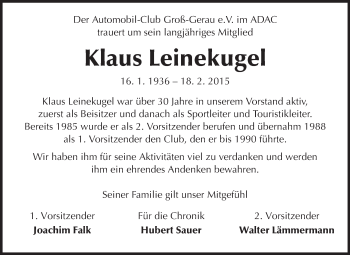 Traueranzeige von Klaus Leinekugel von Rüsselsheimer Echo, Groß-Gerauer-Echo, Ried Echo