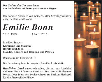 Traueranzeige von Emilie Bonn von Rüsselsheimer Echo, Groß-Gerauer-Echo, Ried Echo