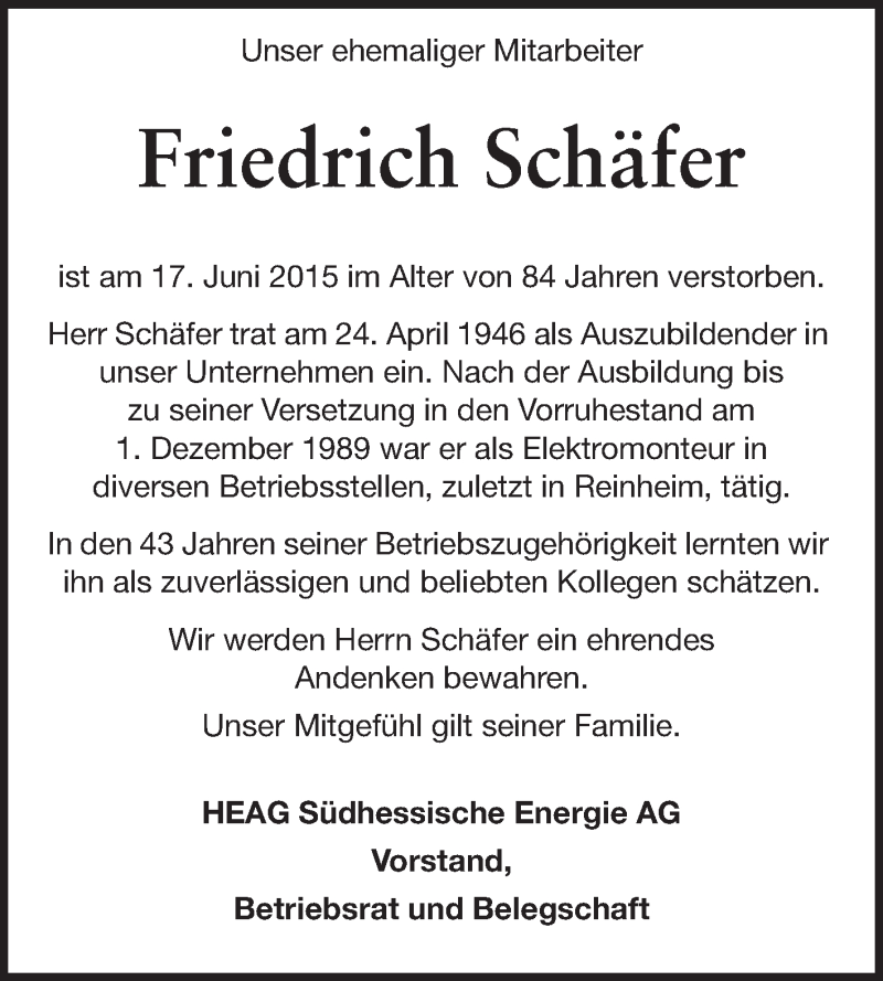  Traueranzeige für Friedrich Schäfer vom 27.06.2015 aus Echo-Zeitungen (Gesamtausgabe)