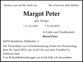 Traueranzeige von Margot Peter von Echo-Zeitungen (Gesamtausgabe)