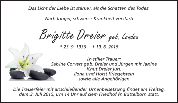 Traueranzeige von Brigitte Dreier von Rüsselsheimer Echo, Groß-Gerauer-Echo, Ried Echo