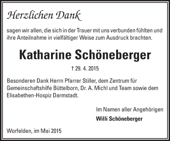 Traueranzeige von Katharine Schöneberger von Rüsselsheimer Echo, Groß-Gerauer-Echo, Ried Echo