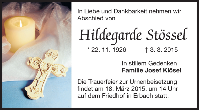  Traueranzeige für Hildegarde Stössel vom 14.03.2015 aus Odenwälder Echo