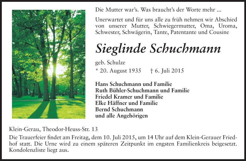  Traueranzeige für Sieglinde Schuchmann vom 08.07.2015 aus Echo-Zeitungen (Gesamtausgabe)