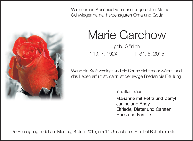  Traueranzeige für Marie Garchow vom 05.06.2015 aus Rüsselsheimer Echo, Groß-Gerauer-Echo, Ried Echo