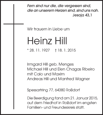 Traueranzeige von Heinz Hill von Echo-Zeitungen (Gesamtausgabe)