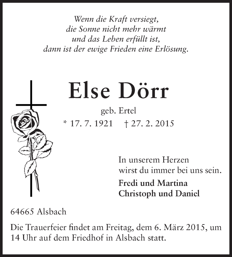  Traueranzeige für Else Dörr vom 02.03.2015 aus Echo-Zeitungen (Gesamtausgabe)