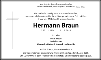 Traueranzeige von Hermann Braun von Odenwälder Echo