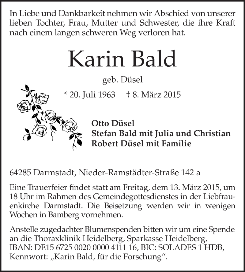  Traueranzeige für Karin Bald vom 11.03.2015 aus Echo-Zeitungen (Gesamtausgabe)