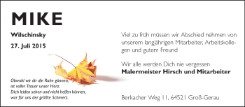 Traueranzeige von Mike Wilschinsky von Rüsselsheimer Echo, Groß-Gerauer-Echo, Ried Echo