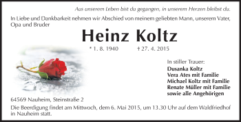 Traueranzeige von Heinz Koltz von Rüsselsheimer Echo, Groß-Gerauer-Echo, Ried Echo