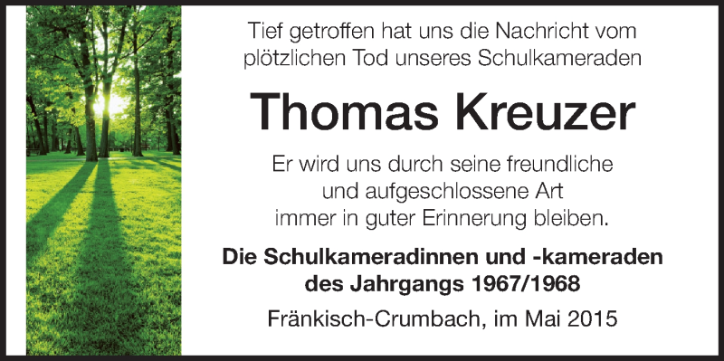  Traueranzeige für Thomas Kreuzer vom 12.05.2015 aus Odenwälder Echo