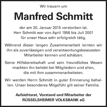 Traueranzeige von Manfred Schmitt von Rüsselsheimer Echo, Groß-Gerauer-Echo, Ried Echo