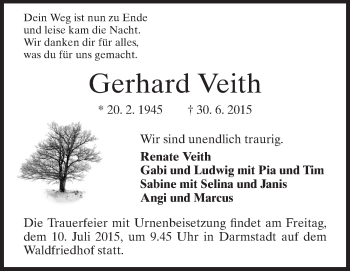 Traueranzeige von Gerhard Veith von Echo-Zeitungen (Gesamtausgabe)