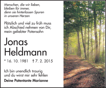 Traueranzeige von Jonas Heldmann von Echo-Zeitungen (Gesamtausgabe)