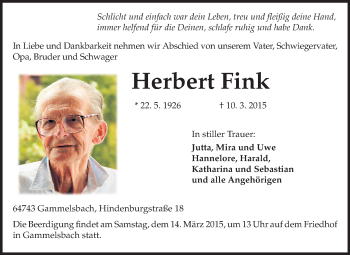Traueranzeige von Herbert Fink von Odenwälder Echo