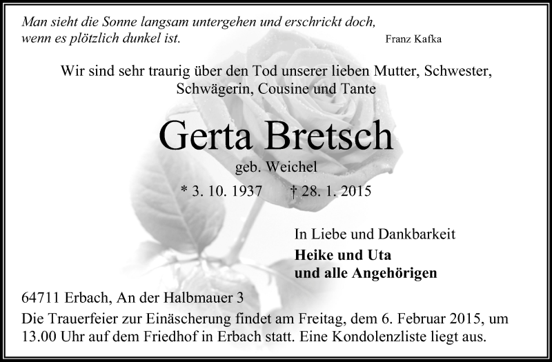 Traueranzeige für Gerta Bretsch vom 31.01.2015 aus Odenwälder Echo