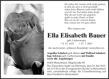 Traueranzeige von Ella Elisabeth Bauer von Echo-Zeitungen (Gesamtausgabe)