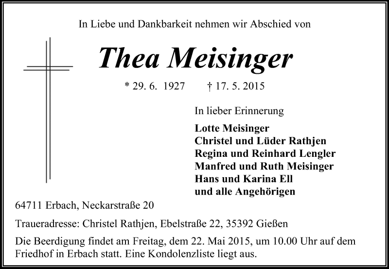  Traueranzeige für Thea Meisinger vom 20.05.2015 aus Odenwälder Echo