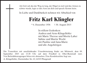Traueranzeige von Fritz Karl Klingler von trauer.echo-online.de