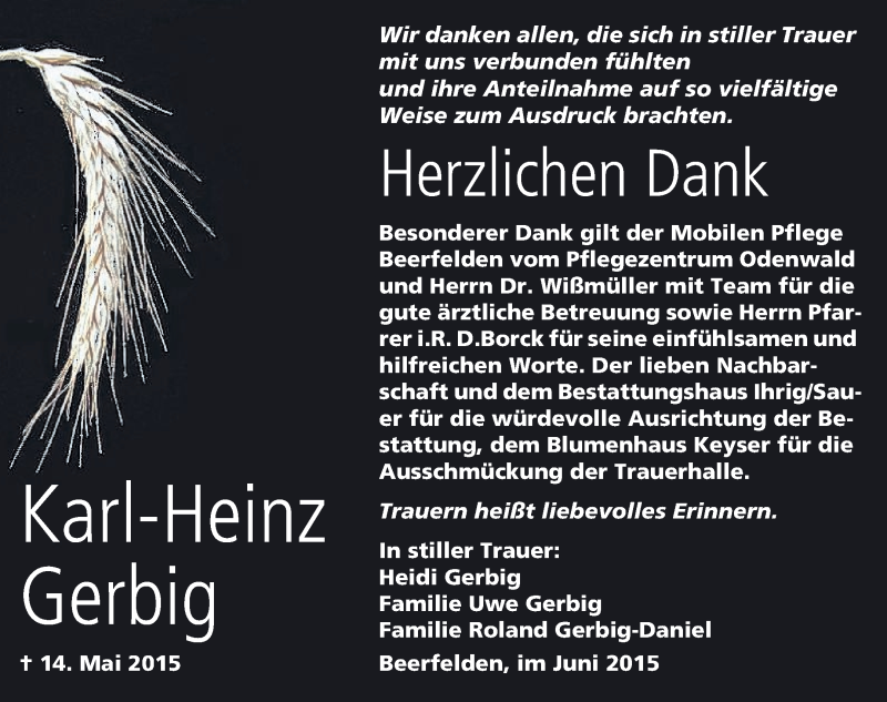  Traueranzeige für Karl-Heinz Gerbig vom 26.06.2015 aus Odenwälder Echo