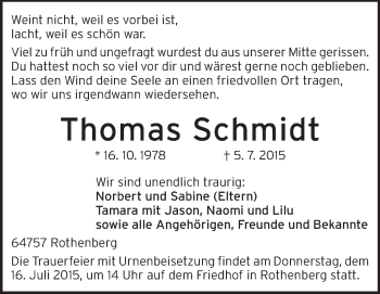 Traueranzeige von Thomas Schmidt von Odenwälder Echo