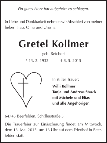 Traueranzeige von Gretel Kollmer von Odenwälder Echo