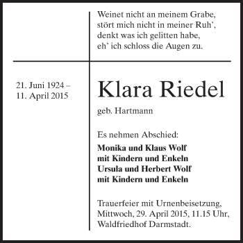 Traueranzeige von Klara Riedel von Echo-Zeitungen (Gesamtausgabe)
